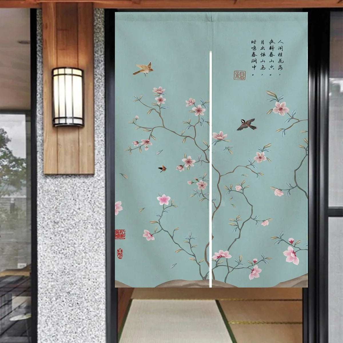 Green Flowers and Birds Door Curtain Japanese Noren Room Partition Kitchen Decoration Hanging Door Curtains For Bedroom